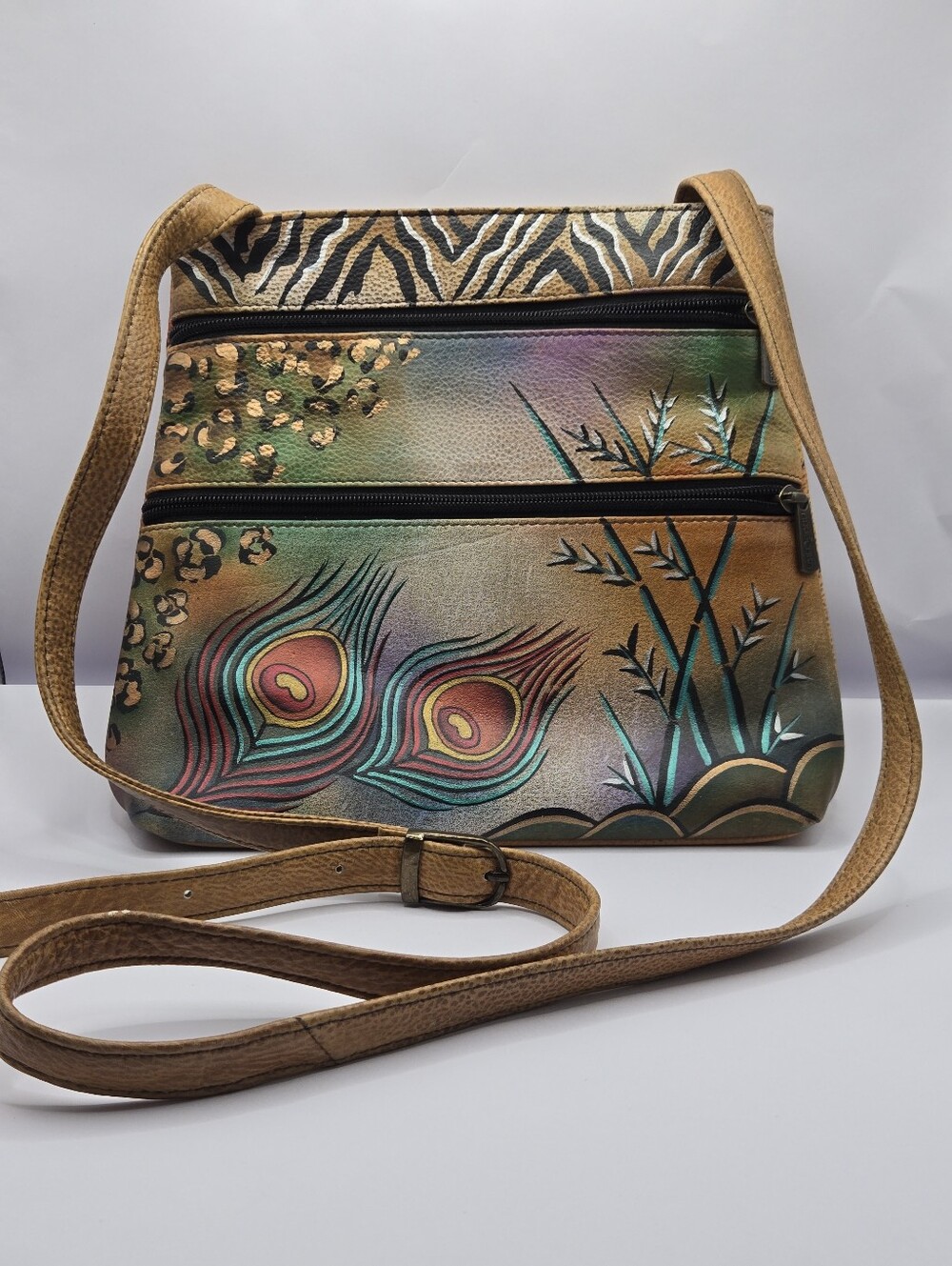 Anuschka Hand-Painted Multicolor Crossbody Bag - Peacock Feather Design